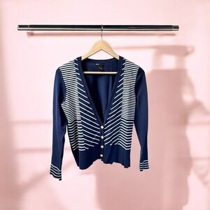 Grace Elements Button Up Cardigan Sweater Women's SzM Navy Blue w/ White Stripes